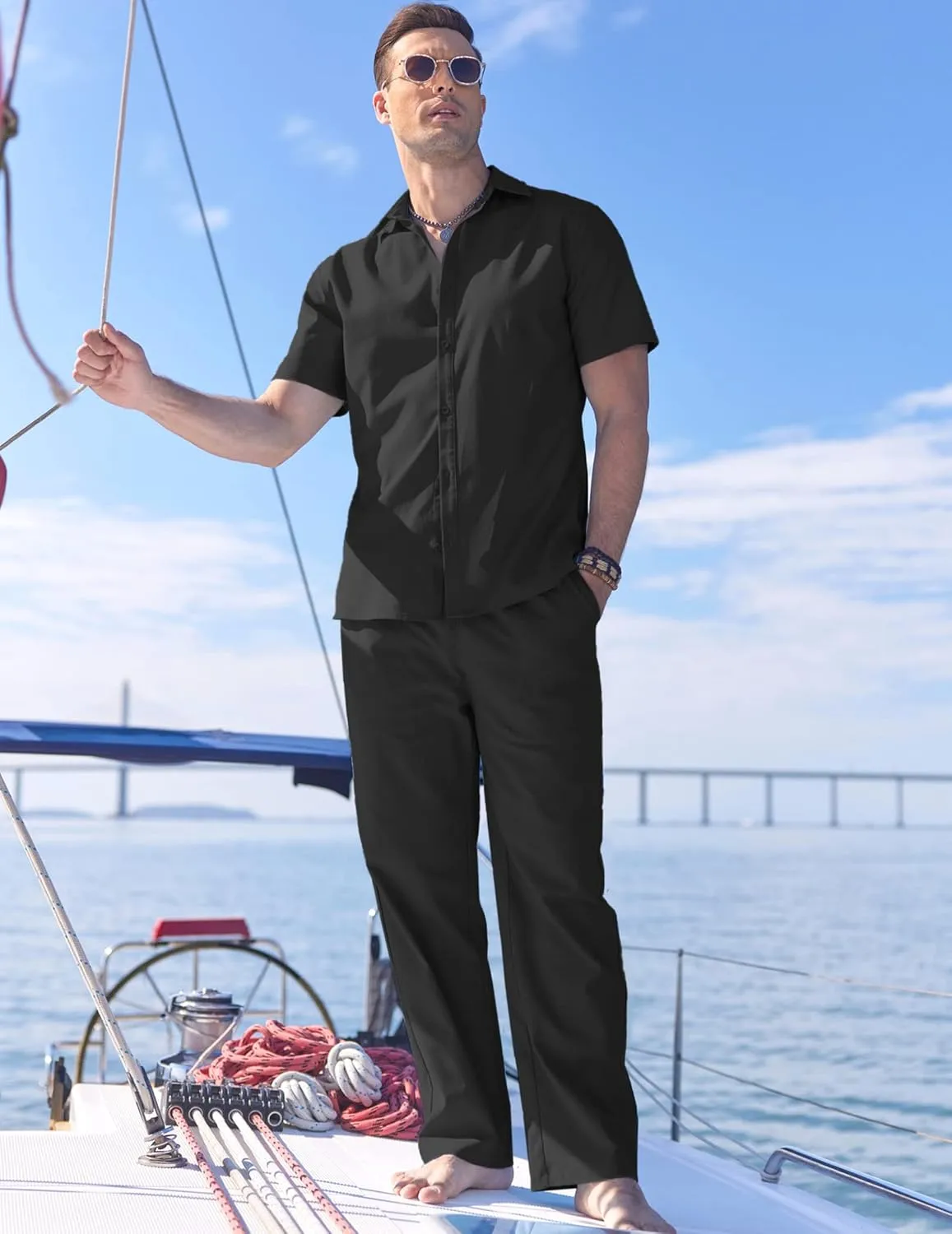COOFANDY Men's Linen Set Beach 2 Pieces Casual Outfits Button Up Shirts Drawstring Pants