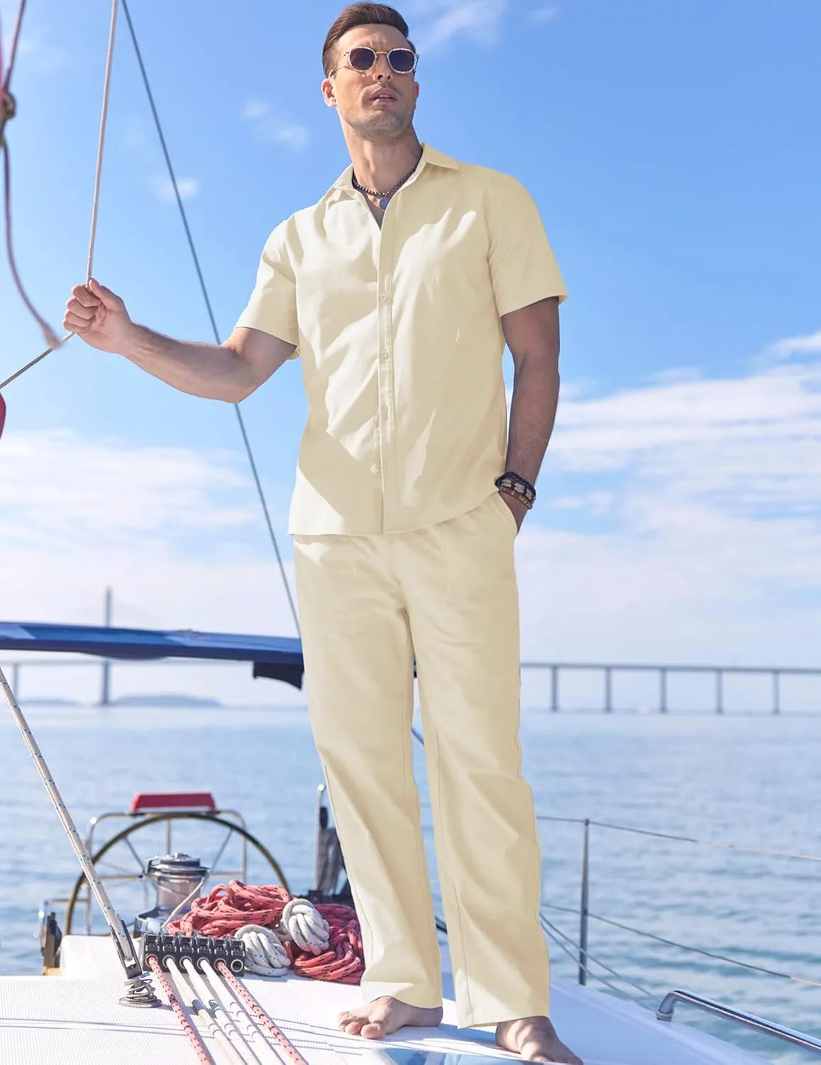 COOFANDY Men's Linen Set Beach 2 Pieces Casual Outfits Button Up Shirts Drawstring Pants