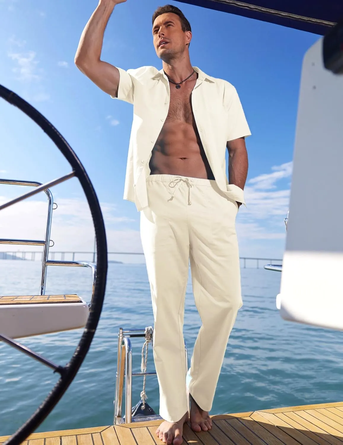 COOFANDY Men's Linen Set Beach 2 Pieces Casual Outfits Button Up Shirts Drawstring Pants