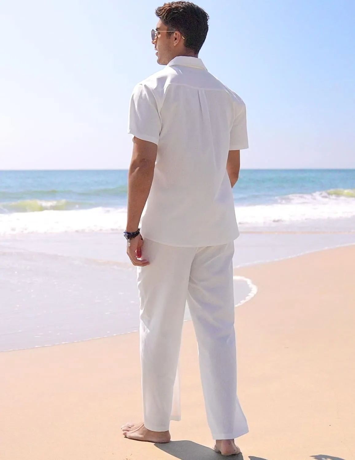 COOFANDY Men's Linen Set Beach 2 Pieces Casual Outfits Button Up Shirts Drawstring Pants