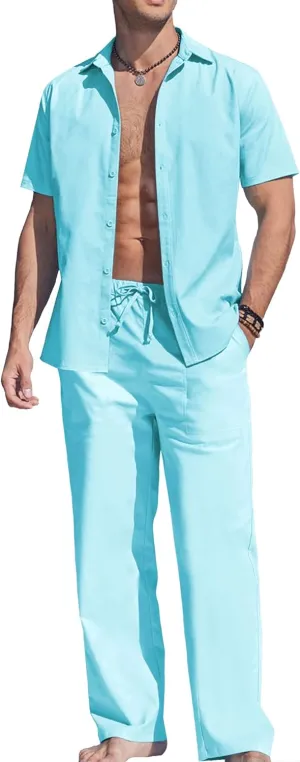 COOFANDY Men's Linen Set Beach 2 Pieces Casual Outfits Button Up Shirts Drawstring Pants