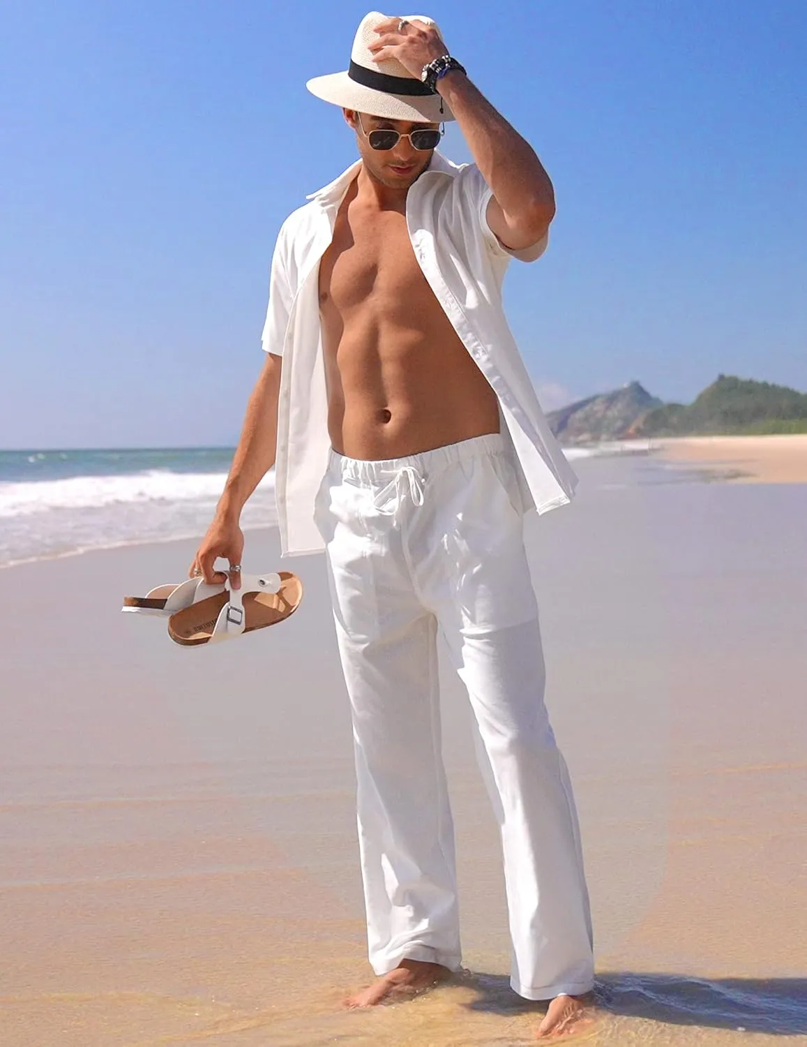 COOFANDY Men's Linen Set Beach 2 Pieces Casual Outfits Button Up Shirts Drawstring Pants