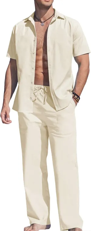 COOFANDY Men's Linen Set Beach 2 Pieces Casual Outfits Button Up Shirts Drawstring Pants