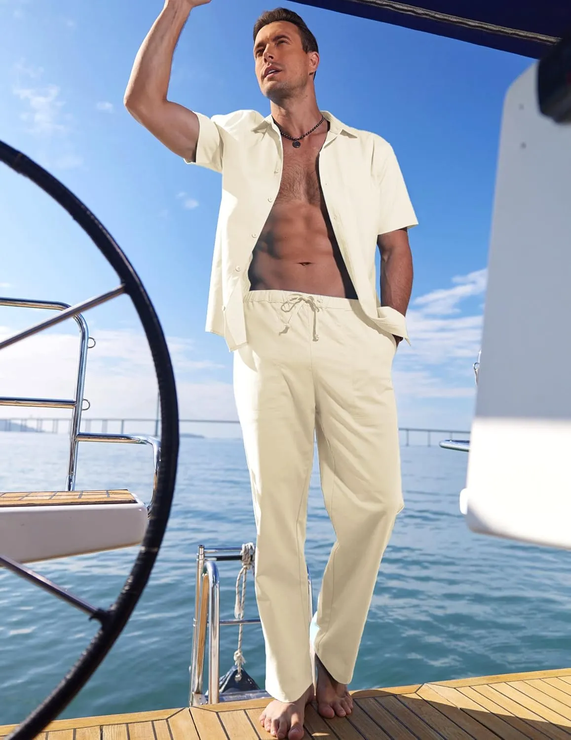 COOFANDY Men's Linen Set Beach 2 Pieces Casual Outfits Button Up Shirts Drawstring Pants