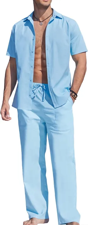 COOFANDY Men's Linen Set Beach 2 Pieces Casual Outfits Button Up Shirts Drawstring Pants