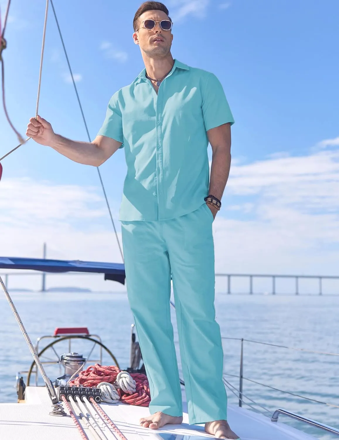 COOFANDY Men's Linen Set Beach 2 Pieces Casual Outfits Button Up Shirts Drawstring Pants