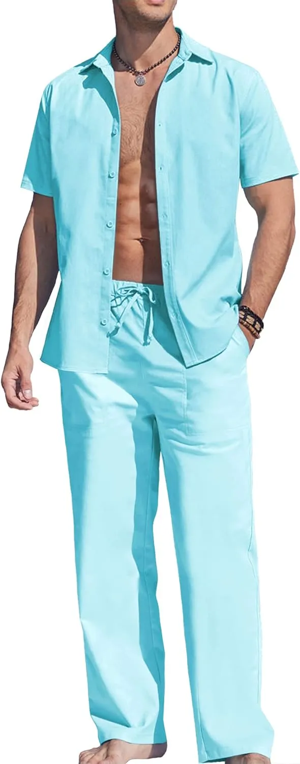 COOFANDY Men's Linen Set Beach 2 Pieces Casual Outfits Button Up Shirts Drawstring Pants