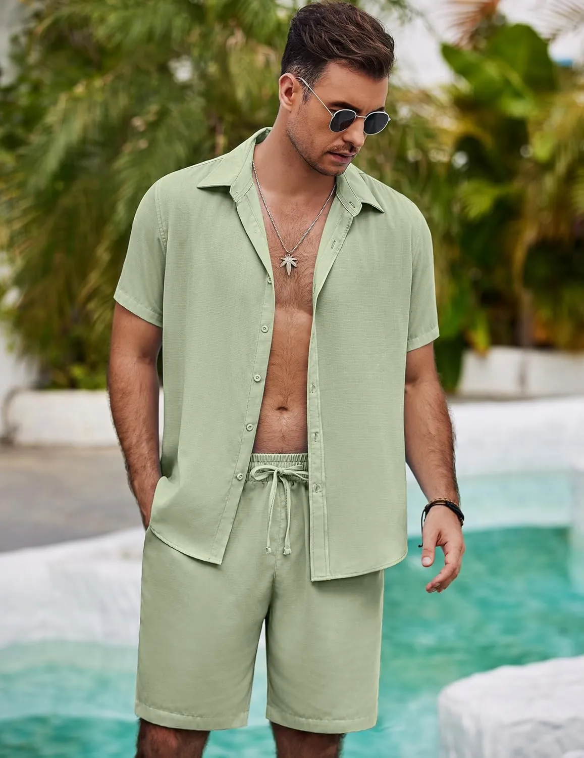 COOFANDY Mens Summer Beach 2 Piece Outfits Casual Vacation Cotton Linen Yoga Matching Set Short Sleeve Shirt and Shorts