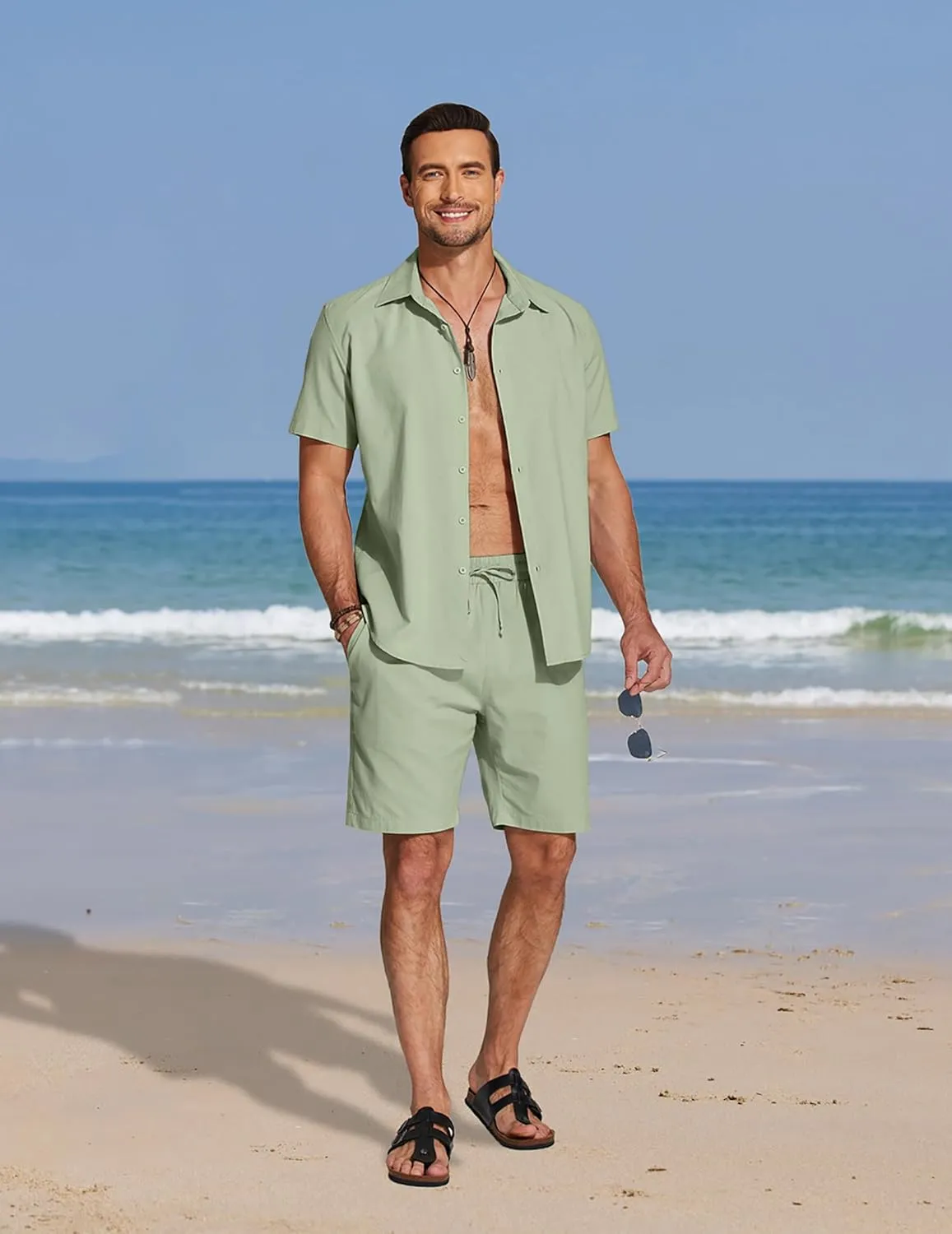 COOFANDY Mens Summer Beach 2 Piece Outfits Casual Vacation Cotton Linen Yoga Matching Set Short Sleeve Shirt and Shorts