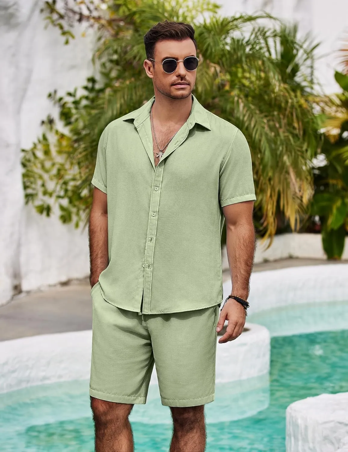 COOFANDY Mens Summer Beach 2 Piece Outfits Casual Vacation Cotton Linen Yoga Matching Set Short Sleeve Shirt and Shorts