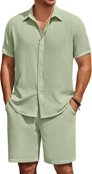 COOFANDY Mens Summer Beach 2 Piece Outfits Casual Vacation Cotton Linen Yoga Matching Set Short Sleeve Shirt and Shorts