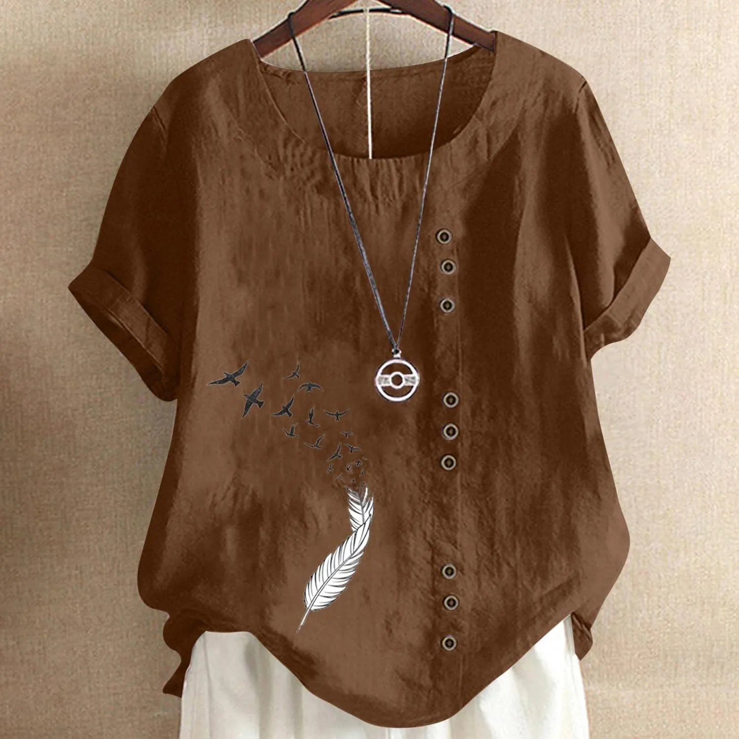 Cotton Linen Blouses for Women Short Sleeve Round Neck Retro Boho Tshirts Solid Colr Lightweight Casual Summer Tops