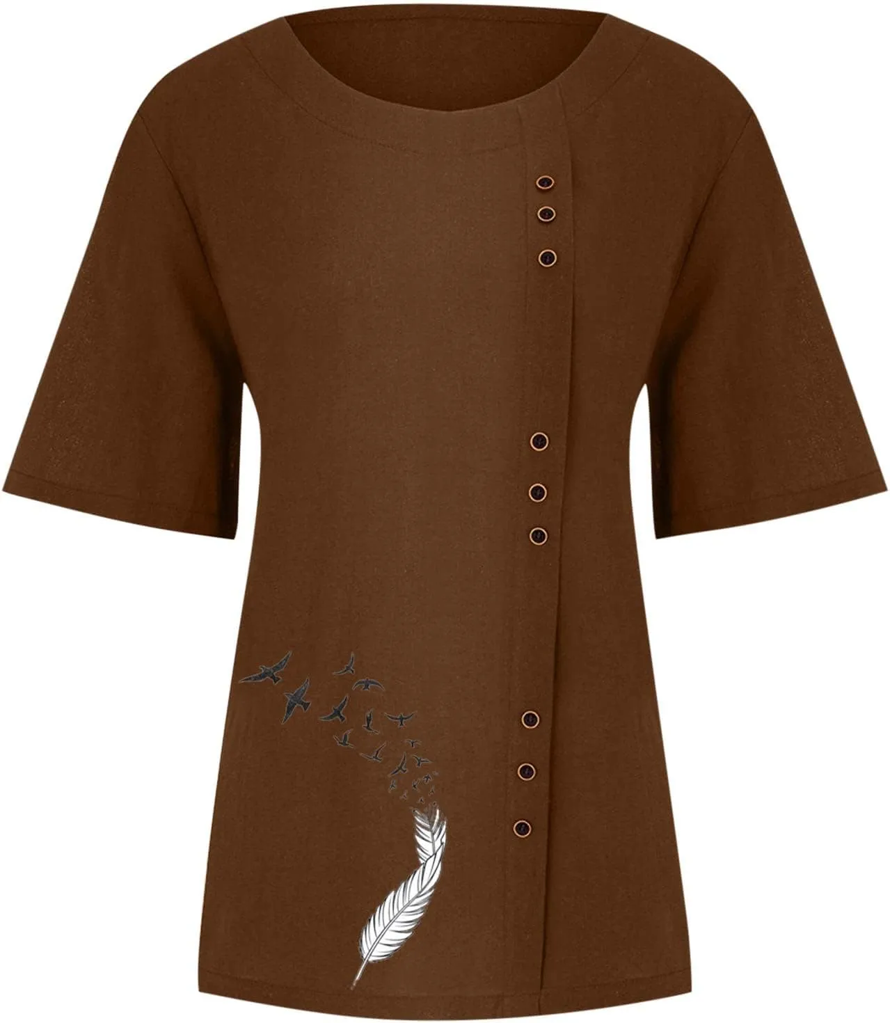 Cotton Linen Blouses for Women Short Sleeve Round Neck Retro Boho Tshirts Solid Colr Lightweight Casual Summer Tops