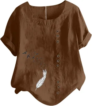 Cotton Linen Blouses for Women Short Sleeve Round Neck Retro Boho Tshirts Solid Colr Lightweight Casual Summer Tops