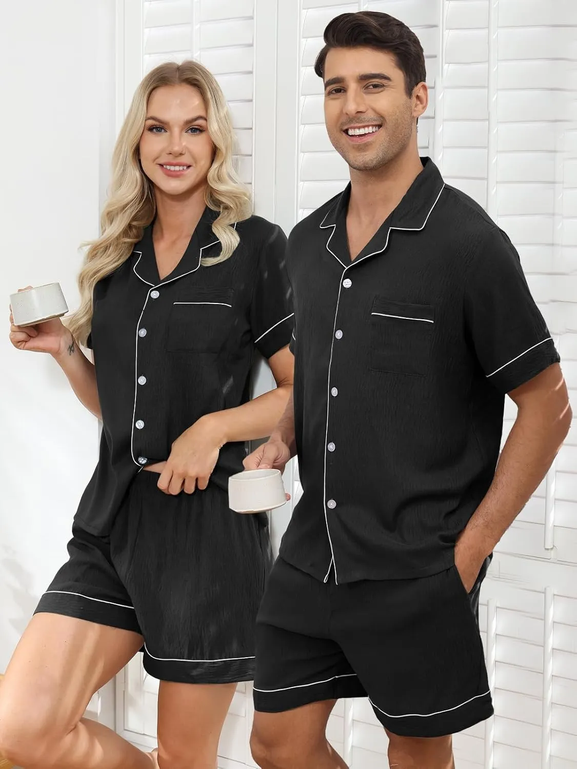Couples Matching Pjs Button Up Pajamas 2 Piece Lounge Set Lightweight Sleepwear Short Set S-3XL (1 Set Not 2)