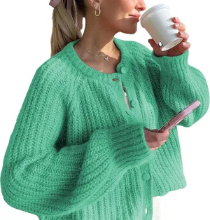 Crochet Cardigan Sweaters for Women Tops Chunky Knitted Crew Neck Long Sleeve Button Down Jackets Open Front Coat