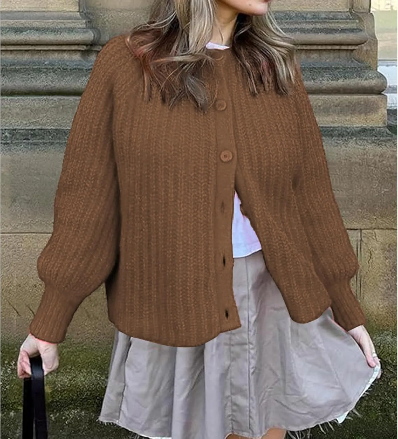 Crochet Cardigan Sweaters for Women Tops Chunky Knitted Crew Neck Long Sleeve Button Down Jackets Open Front Coat