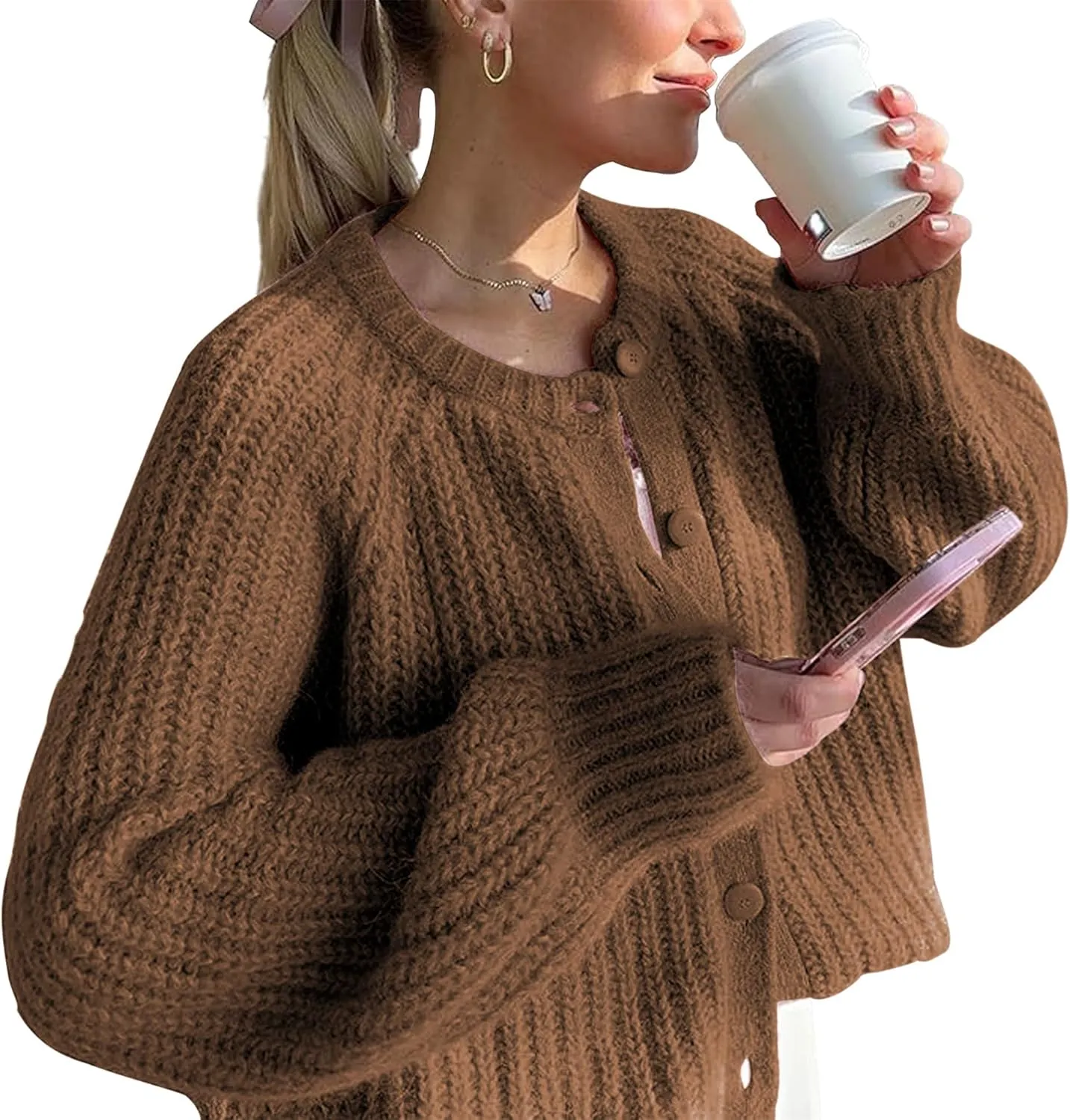 Crochet Cardigan Sweaters for Women Tops Chunky Knitted Crew Neck Long Sleeve Button Down Jackets Open Front Coat