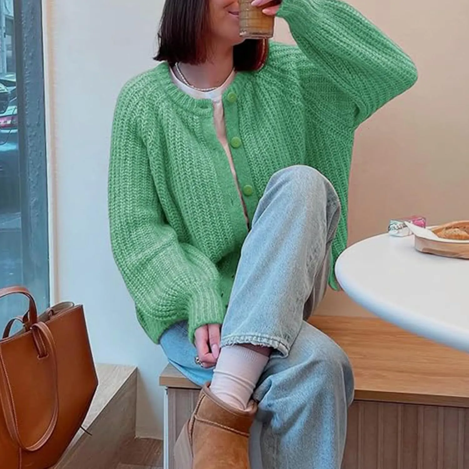 Crochet Cardigan Sweaters for Women Tops Chunky Knitted Crew Neck Long Sleeve Button Down Jackets Open Front Coat