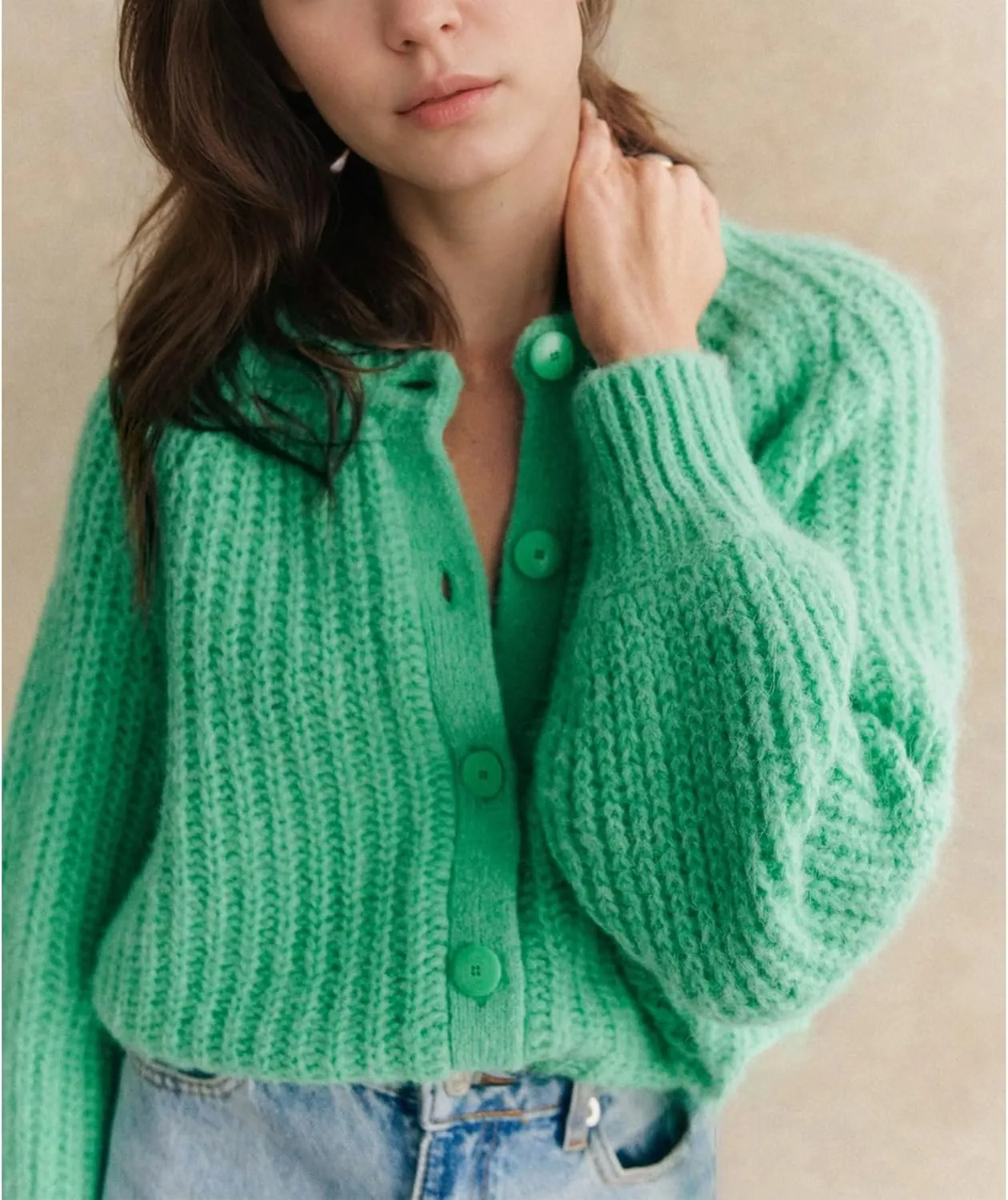 Crochet Cardigan Sweaters for Women Tops Chunky Knitted Crew Neck Long Sleeve Button Down Jackets Open Front Coat