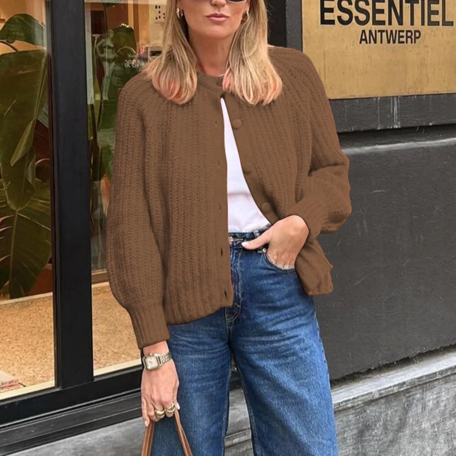 Crochet Cardigan Sweaters for Women Tops Chunky Knitted Crew Neck Long Sleeve Button Down Jackets Open Front Coat