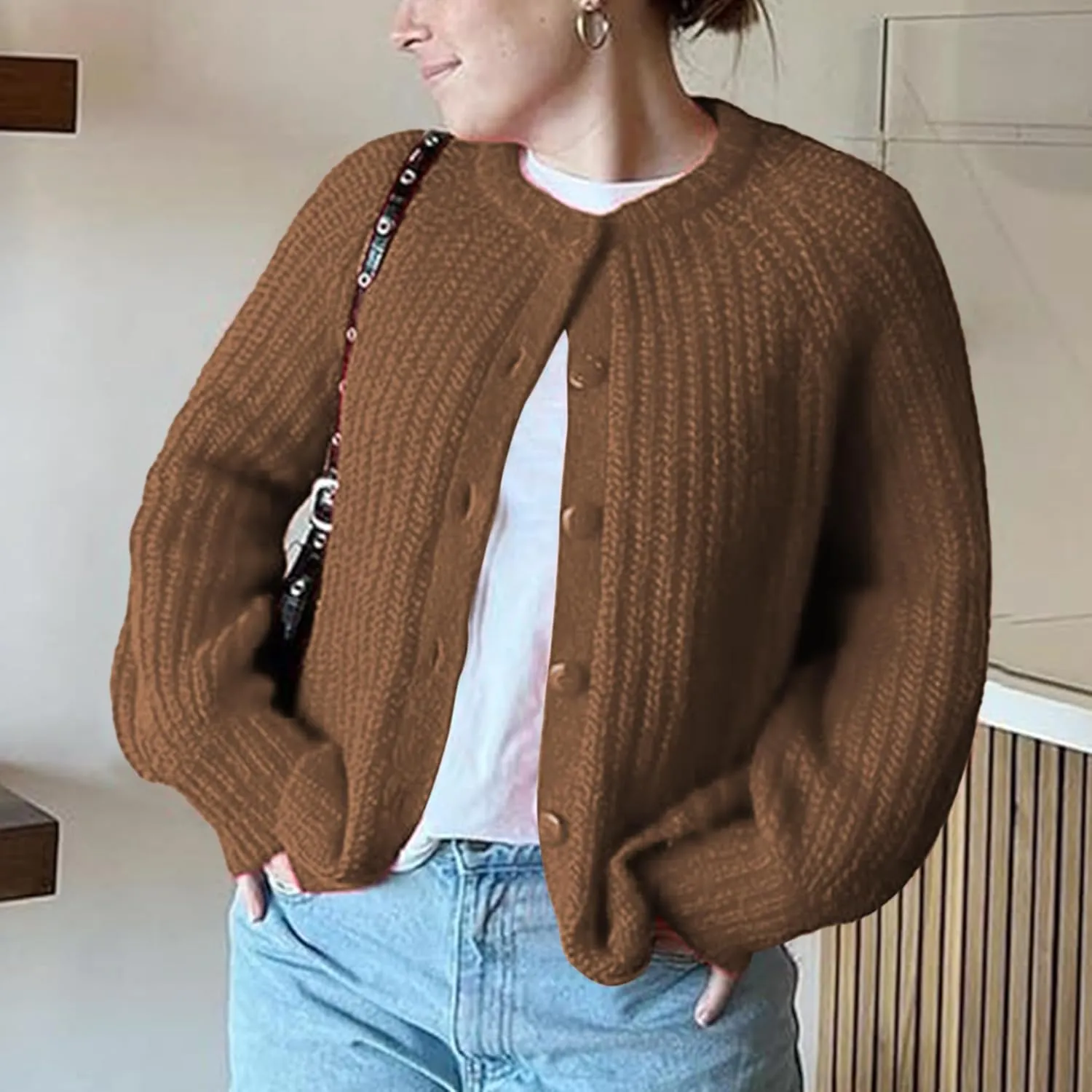 Crochet Cardigan Sweaters for Women Tops Chunky Knitted Crew Neck Long Sleeve Button Down Jackets Open Front Coat