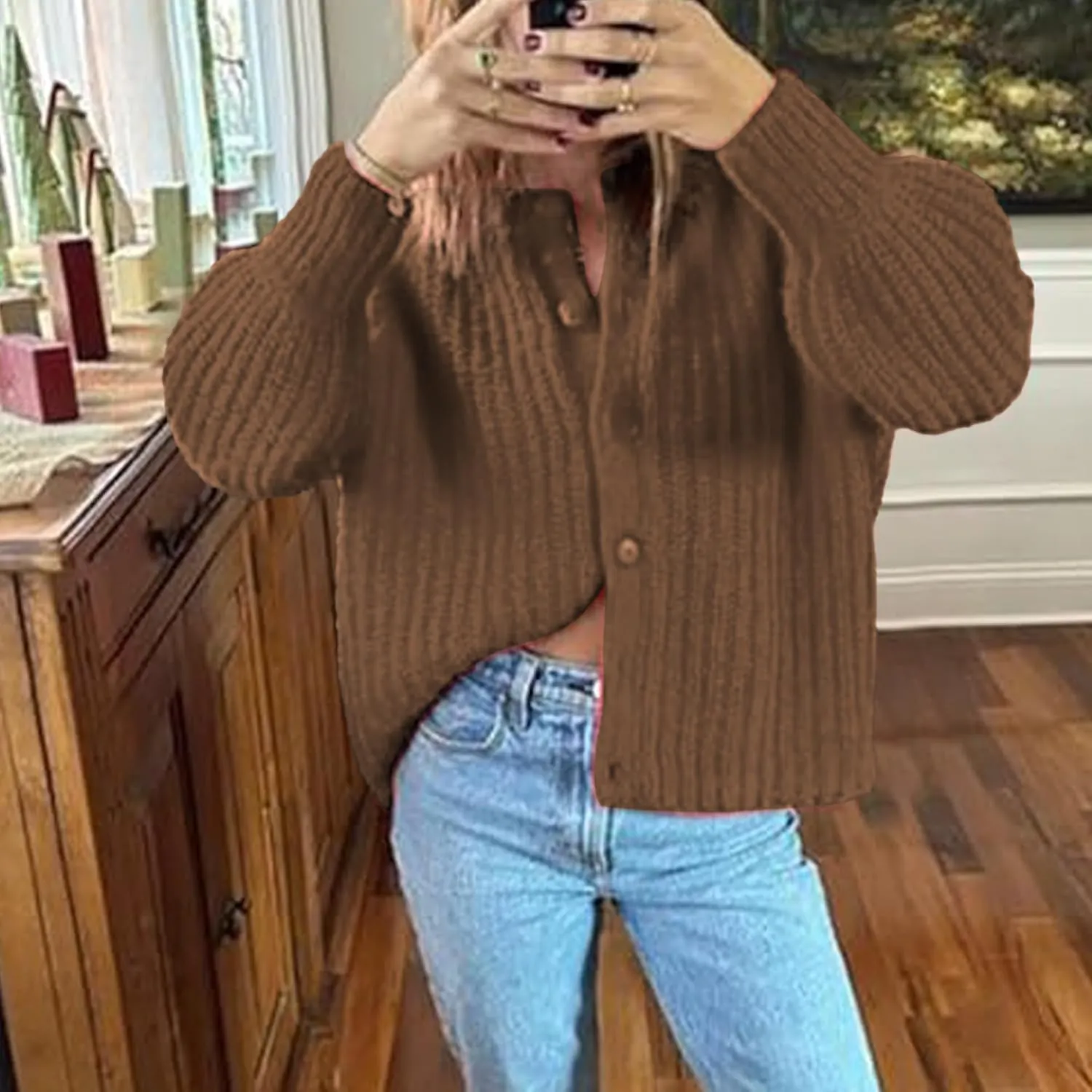 Crochet Cardigan Sweaters for Women Tops Chunky Knitted Crew Neck Long Sleeve Button Down Jackets Open Front Coat