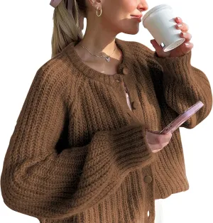 Crochet Cardigan Sweaters for Women Tops Chunky Knitted Crew Neck Long Sleeve Button Down Jackets Open Front Coat