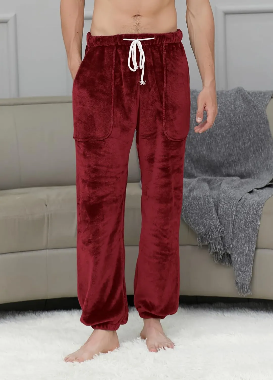 Cromoncent Mens Plush Warm Lounge Pj Pants Thickened Fleece Pajama Jogger Pants with Pockets Sleepwear