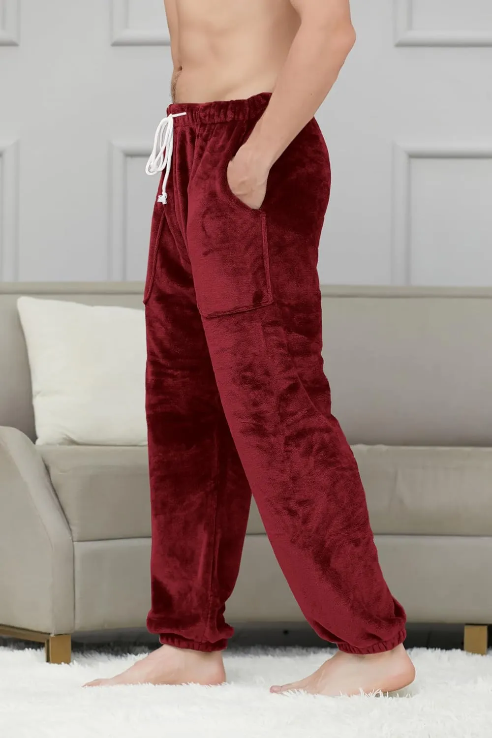 Cromoncent Mens Plush Warm Lounge Pj Pants Thickened Fleece Pajama Jogger Pants with Pockets Sleepwear