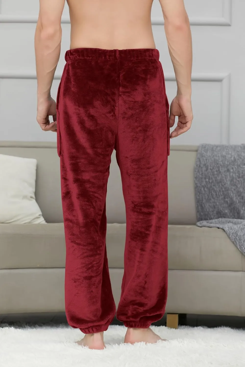 Cromoncent Mens Plush Warm Lounge Pj Pants Thickened Fleece Pajama Jogger Pants with Pockets Sleepwear