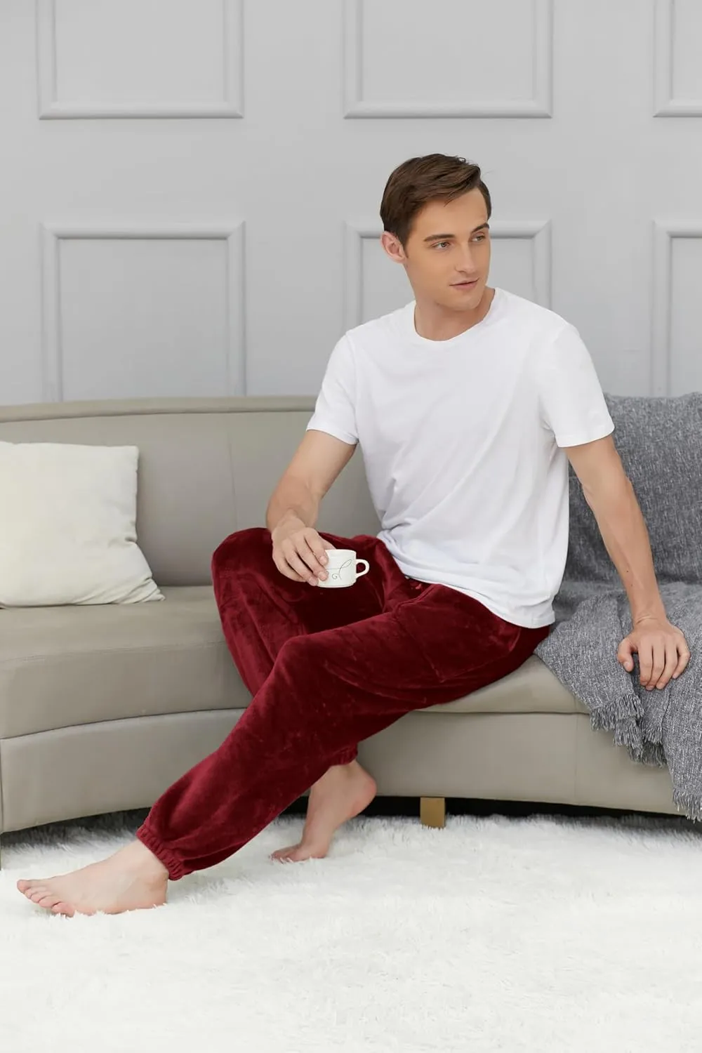 Cromoncent Mens Plush Warm Lounge Pj Pants Thickened Fleece Pajama Jogger Pants with Pockets Sleepwear