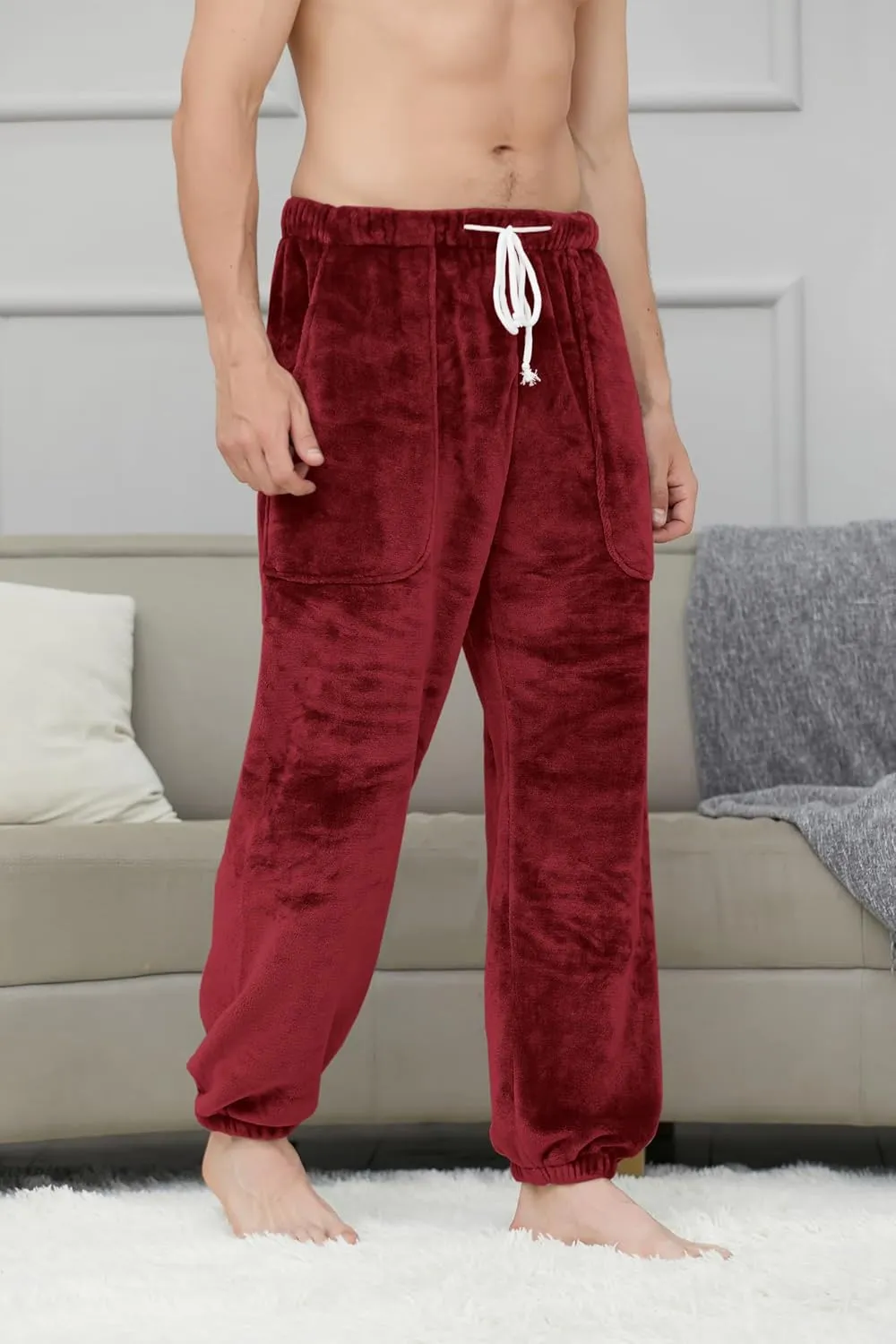 Cromoncent Mens Plush Warm Lounge Pj Pants Thickened Fleece Pajama Jogger Pants with Pockets Sleepwear
