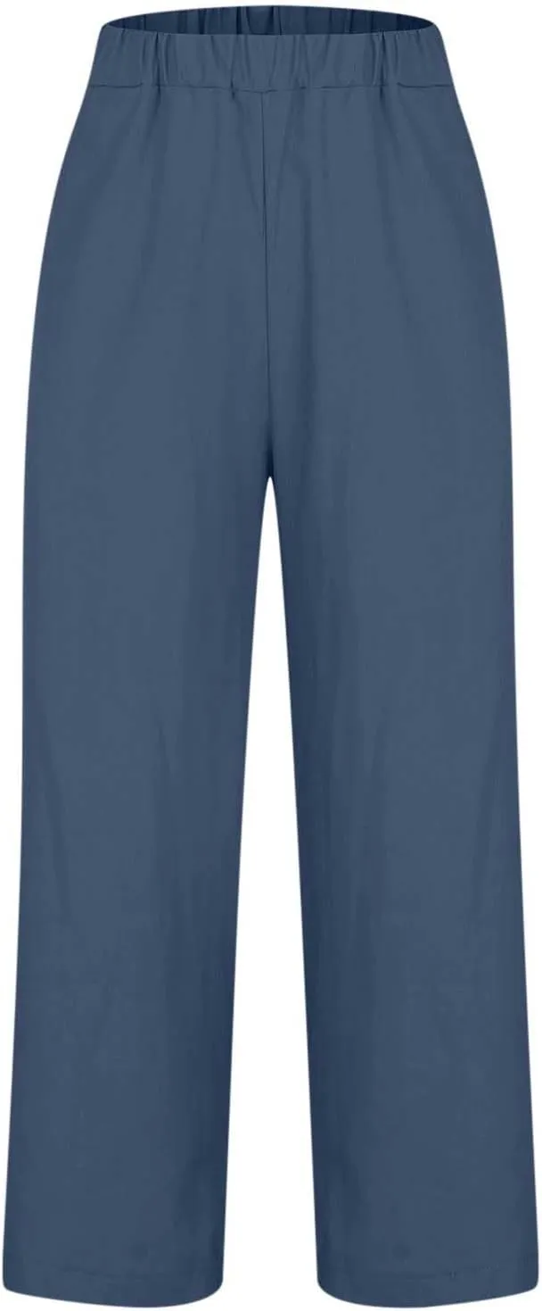 Cropped Linen Pants Women Summer Elastic Waist Straight Leg Plus Size Crop Pants Casual Beach Trousers with Pockets