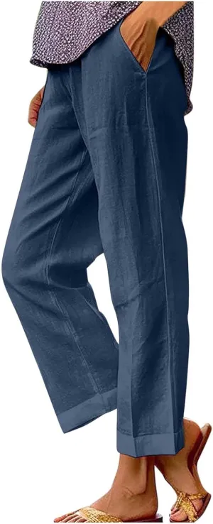 Cropped Linen Pants Women Summer Elastic Waist Straight Leg Plus Size Crop Pants Casual Beach Trousers with Pockets
