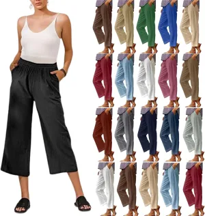 Cropped Linen Pants Women Summer Elastic Waist Straight Leg Plus Size Crop Pants Casual Beach Trousers with Pockets