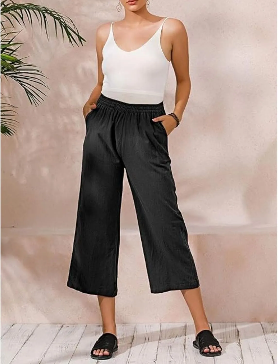 Cropped Linen Pants Women Summer Elastic Waist Straight Leg Plus Size Crop Pants Casual Beach Trousers with Pockets