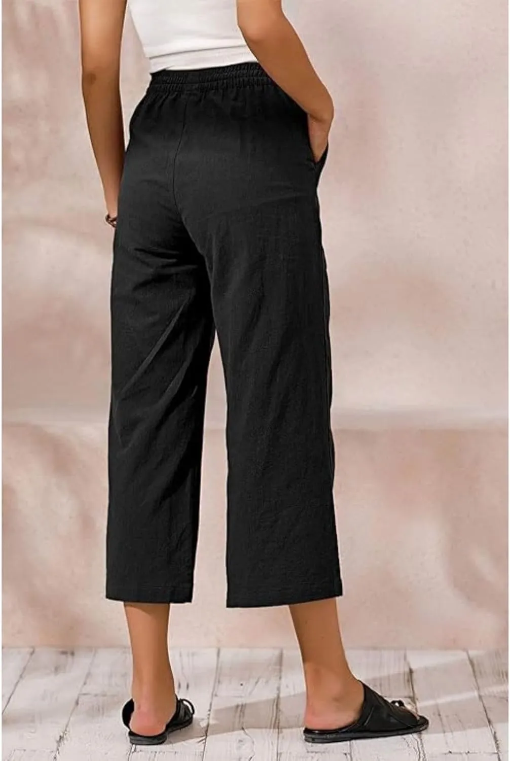 Cropped Linen Pants Women Summer Elastic Waist Straight Leg Plus Size Crop Pants Casual Beach Trousers with Pockets