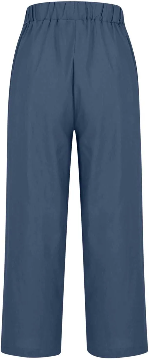 Cropped Linen Pants Women Summer Elastic Waist Straight Leg Plus Size Crop Pants Casual Beach Trousers with Pockets