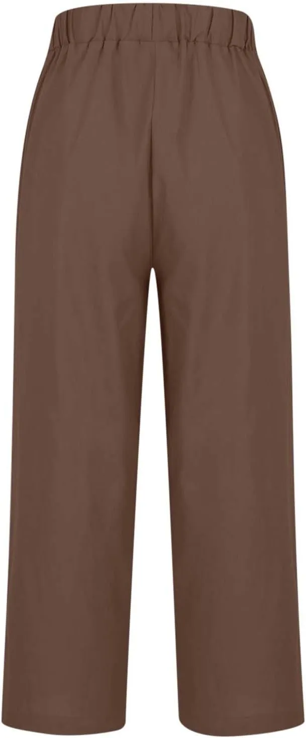 Cropped Linen Pants Women Summer Elastic Waist Straight Leg Plus Size Crop Pants Casual Beach Trousers with Pockets