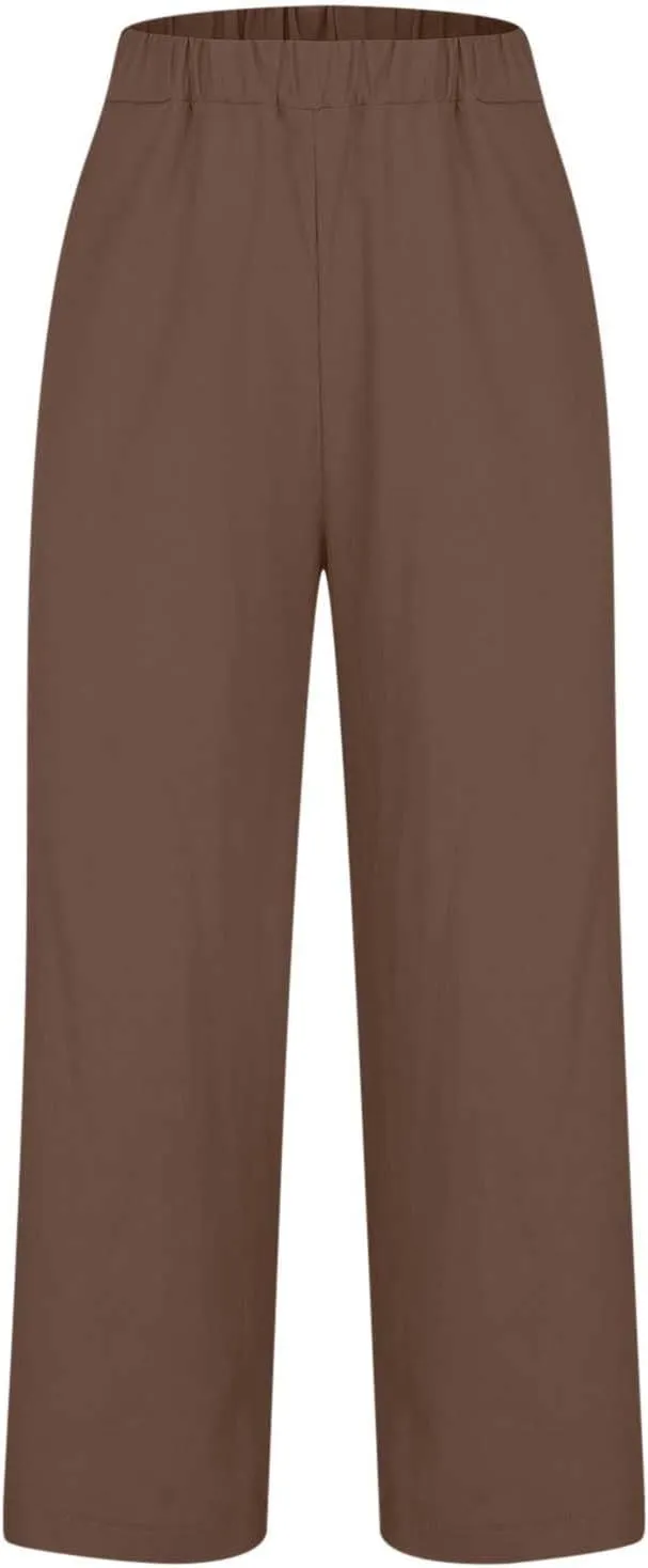 Cropped Linen Pants Women Summer Elastic Waist Straight Leg Plus Size Crop Pants Casual Beach Trousers with Pockets