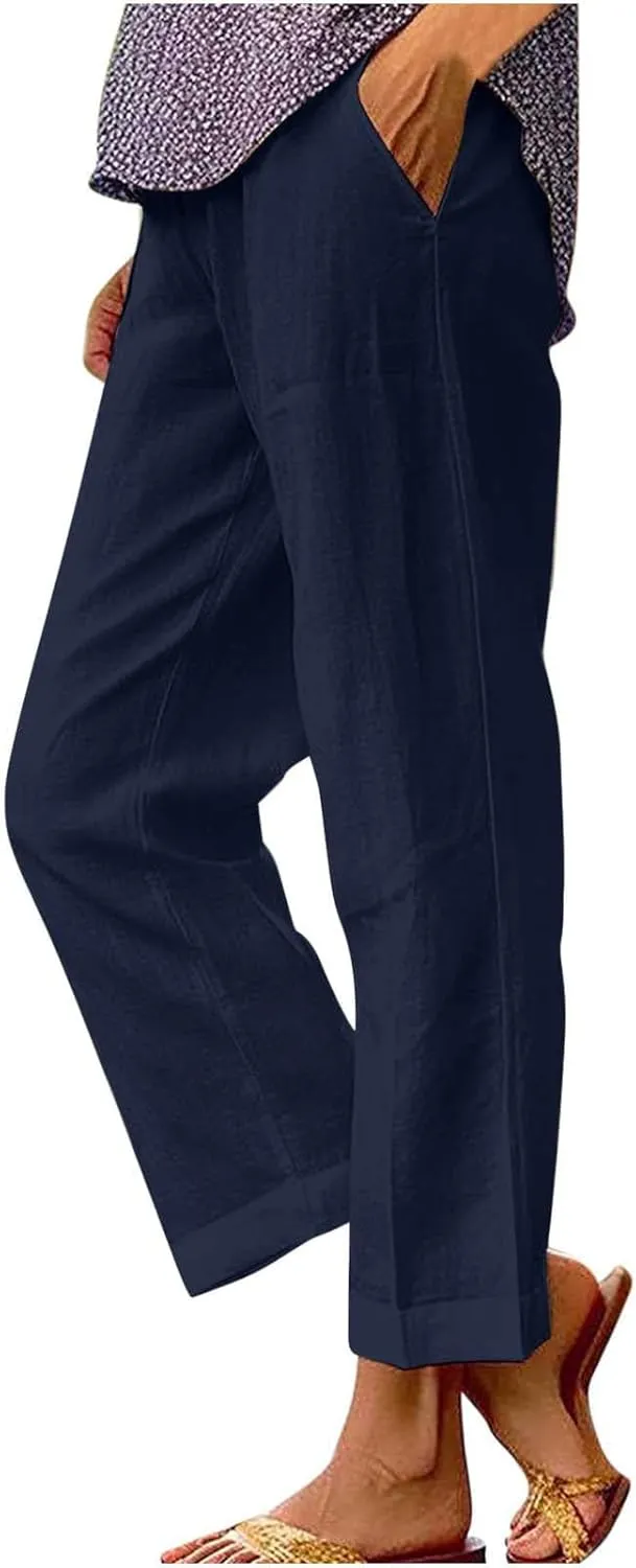 Cropped Linen Pants Women Summer Elastic Waist Straight Leg Plus Size Crop Pants Casual Beach Trousers with Pockets