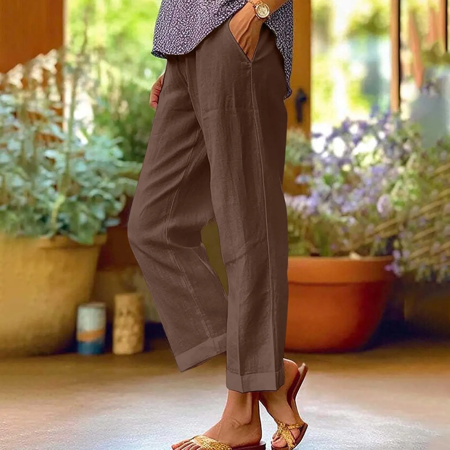 Cropped Linen Pants Women Summer Elastic Waist Straight Leg Plus Size Crop Pants Casual Beach Trousers with Pockets