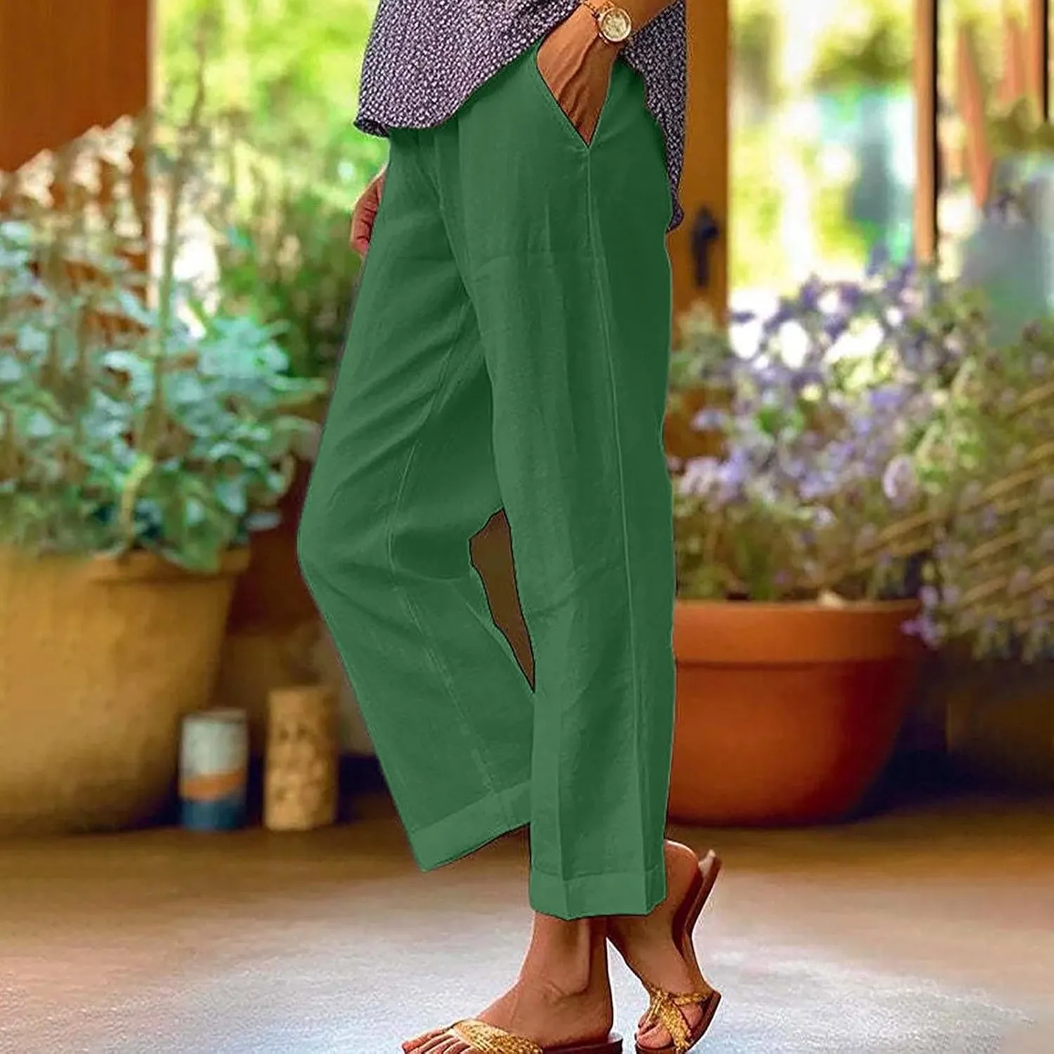 Cropped Linen Pants Women Summer Elastic Waist Straight Leg Plus Size Crop Pants Casual Beach Trousers with Pockets
