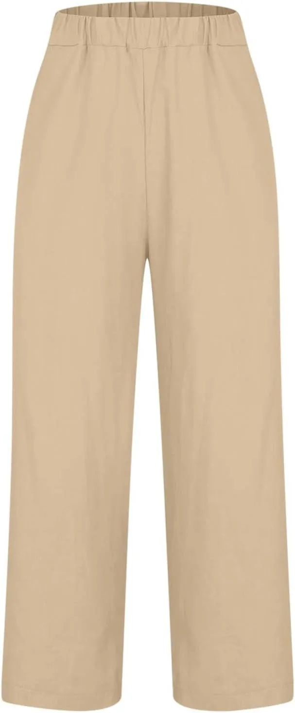 Cropped Linen Pants Women Summer Elastic Waist Straight Leg Plus Size Crop Pants Casual Beach Trousers with Pockets
