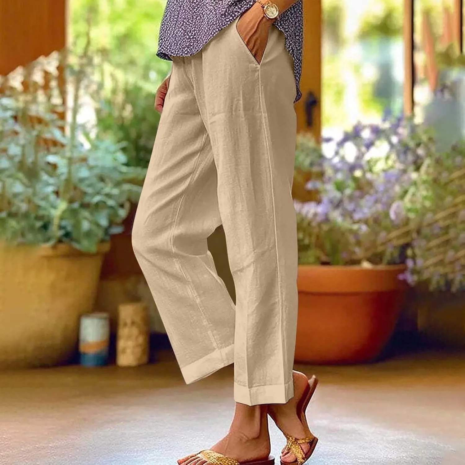 Cropped Linen Pants Women Summer Elastic Waist Straight Leg Plus Size Crop Pants Casual Beach Trousers with Pockets