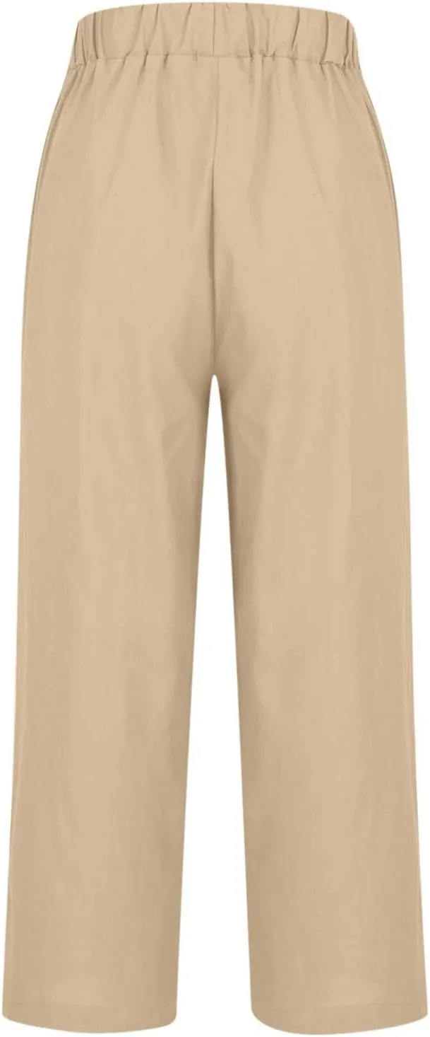 Cropped Linen Pants Women Summer Elastic Waist Straight Leg Plus Size Crop Pants Casual Beach Trousers with Pockets
