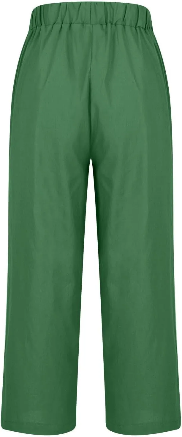 Cropped Linen Pants Women Summer Elastic Waist Straight Leg Plus Size Crop Pants Casual Beach Trousers with Pockets