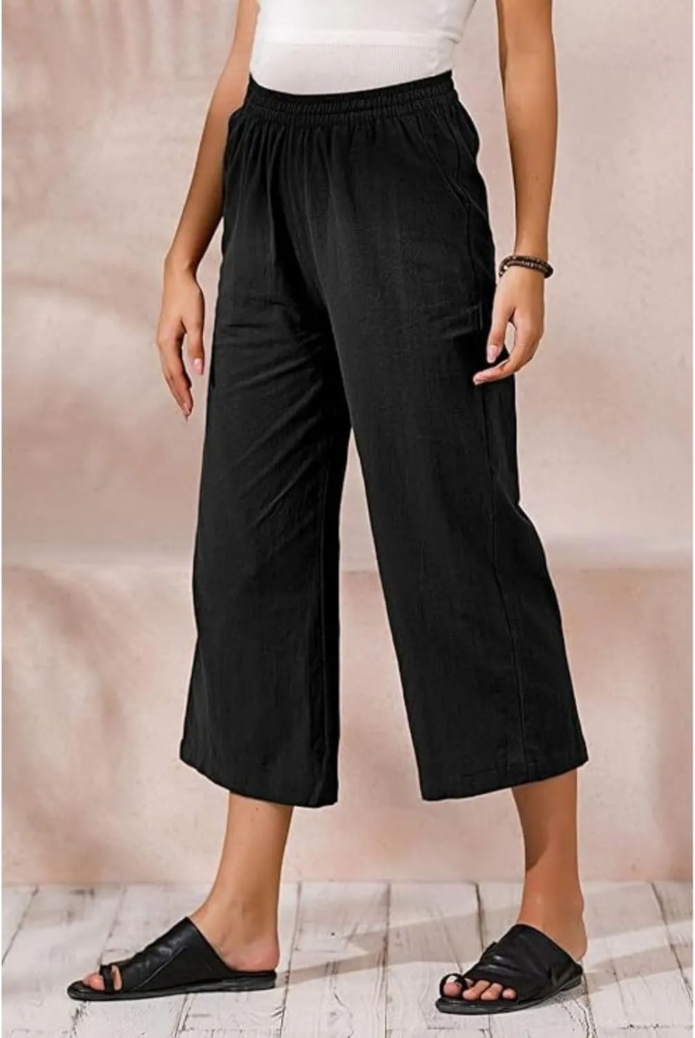 Cropped Linen Pants Women Summer Elastic Waist Straight Leg Plus Size Crop Pants Casual Beach Trousers with Pockets