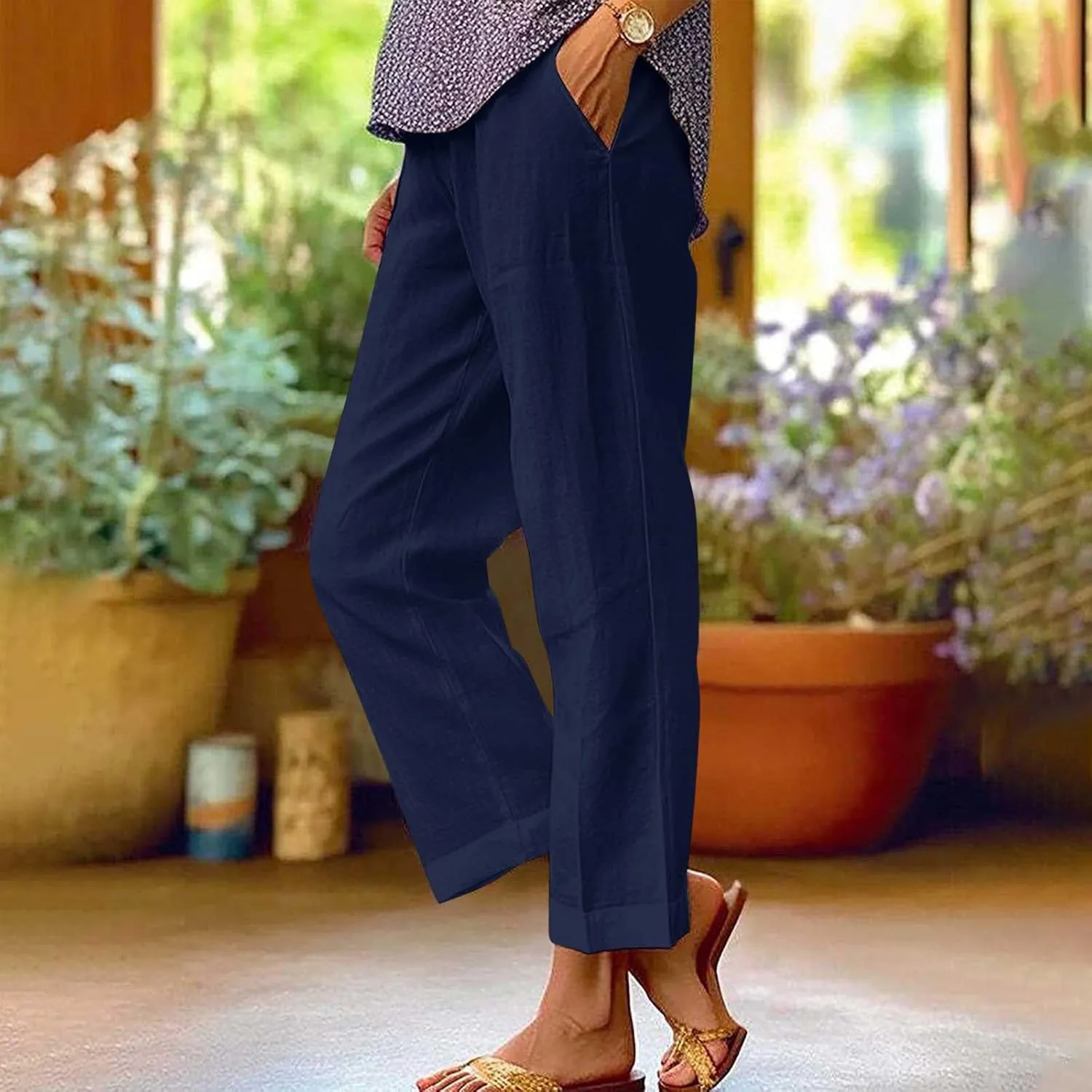 Cropped Linen Pants Women Summer Elastic Waist Straight Leg Plus Size Crop Pants Casual Beach Trousers with Pockets
